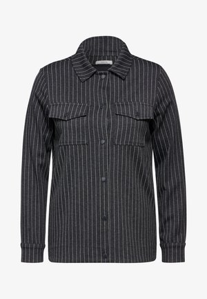 Dunkelgraue, knopfbare Hemdjacke mit weißen vertikalen Streifen, langen Ärmeln, zwei Brusttaschen und einem Kragen. Aus einem strukturierten Stoff gefertigt.