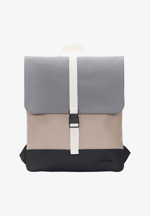 Színes laptop táska szürke felsőrésszel, bézs középrésszel és fekete alsó résszel. Fehér pánttal és csattal záródik. Tartós anyagból készült.