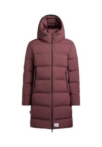 Maroon puffer coat with a high collar, zippered front, and two side pockets. Features quilted design and adjustable drawstring hood.