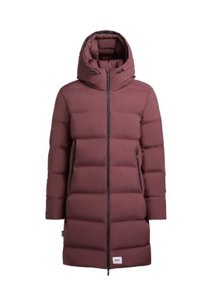 Maronin värinen puhaltava takki, jossa on korkea kaulus, vetoketjulla varustettu etuosa ja kaksi sivutaskua. Takissa on tikattu design ja säädettävä nyörihattu.