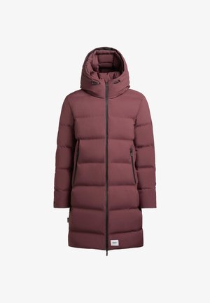 Maronin värinen puhaltava takki, jossa on korkea kaulus, vetoketjulla varustettu etuosa ja kaksi sivutaskua. Takissa on tikattu design ja säädettävä nyörihattu.