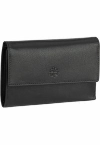 Black leather wallet with a textured surface, featuring a flap closure and embossed logo. Rectangular shape with stitched edges.