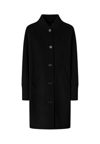 Cappotto lungo nero realizzato in materiale liscio, con colletto alto, bottoni frontali e tasche laterali. Le maniche hanno polsini a coste.