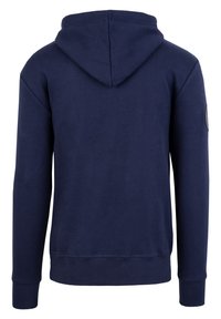 Navy blue hooded sweatshirt with a smooth texture, featuring a kangaroo pocket and ribbed cuffs. A circular logo patch is on the left sleeve.