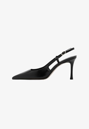 Black leather slingback pump with pointed toe, slim heel, cut-out design, and buckle strap. Smooth texture with a glossy finish.