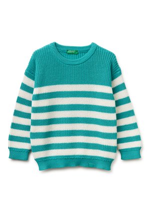 Pull en maille à rayures horizontales bleu sarcelle et blanc, avec col, poignets et ourlet côtelés, étiqueté United Colors of Benetton.