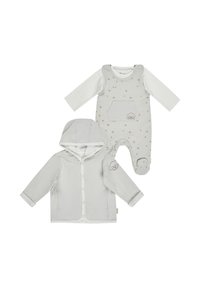 Hellgraues Babyoutfit mit einer Kapuzenjacke mit Frontknöpfen und einem passenden Overall mit Blumenmuster und einem Designelement auf der Vorderseite.