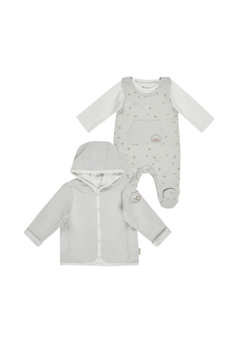 Hellgraues Babyoutfit mit einer Kapuzenjacke mit Frontknöpfen und einem passenden Overall mit Blumenmuster und einem Designelement auf der Vorderseite.