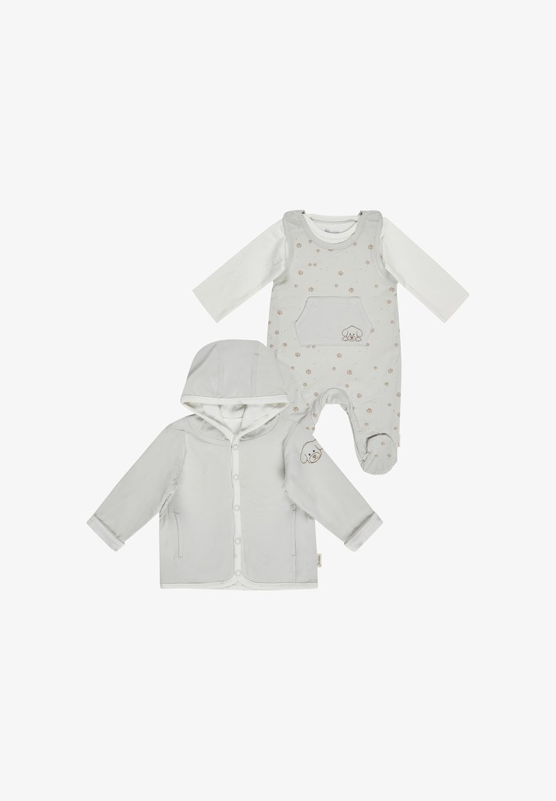 Light gray baby outfit featuring a hooded jacket with front buttons and matching overall with floral print and a front pocket design.