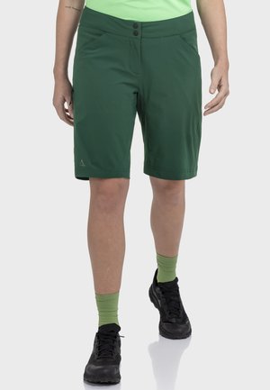 Grüne Shorts aus leichtem Stoff mit zwei Fronttaschen, einem Knopfverschluss und knielangem Schnitt. Verziert mit einem Logo am Saum.