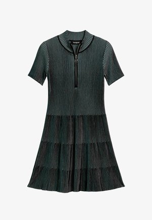 Rochie cu mâneci scurte, cu guler cu fermoar, din țesătură închisă la culoare, cu dungi verticale. Fustă evazată cu textură plisată.