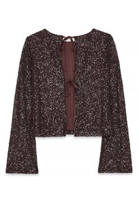Bordeaux cropped jack met lange mouwen, bedekt met pailletten, met een striksluiting aan de achterzijde en een effen binnenvoering.