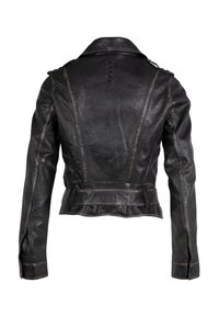 Giacca di pelle nera con un design aderente, cuciture visibili e orlo corto. Presenta un ampio colletto e bottoni decorativi sulle spalle.