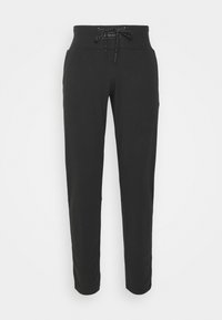 Zwarte sportbroek van zacht materiaal, met een elastische tailleband en een trekkoord, taps toelopende beenen en zijzakken.