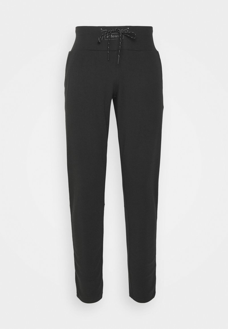 Zwarte sportbroek van zacht materiaal, met een elastische tailleband en een trekkoord, taps toelopende beenen en zijzakken.