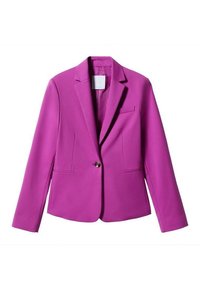 Veste pour femme fuchsia violette à un bouton, col à revers cranté, deux poches avant et une poche poitrine, présentée sur un fond blanc.