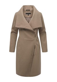 Beige Wollmischungsmantel mit weitem Kragen, asymmetrischem Reißverschluss, langen Ärmeln und subtiler Logostickerei am Ärmel.