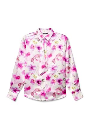 Blouse à manches longues en satin léger avec un motif floral dans des tons de rose et de violet, dotée d'un col noué et d'une patte de boutonnage à l'avant.