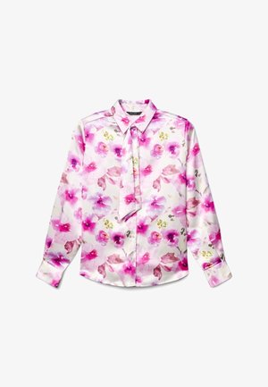 Blouse à manches longues en satin léger avec un motif floral dans des tons de rose et de violet, dotée d'un col noué et d'une patte de boutonnage à l'avant.