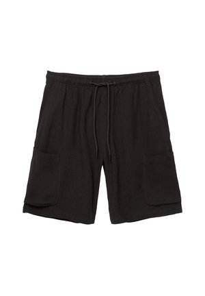 Shorts noire en tissu doux, dotés d'une taille élastique avec cordon de serrage, de deux poches latérales et d'une coupe décontractée.