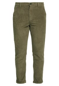 Olive green corduroy pants with a slim fit, front pockets, folded cuffs, and a button closure, featuring vertical ridges for texture.