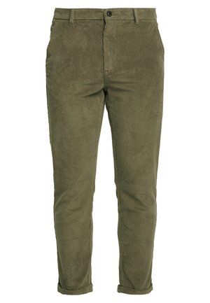 Olive green corduroy pants with a slim fit, front pockets, folded cuffs, and a button closure, featuring vertical ridges for texture.