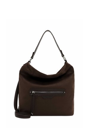 Brown fabric bag with a soft, slouchy design. Features a front zip pocket and a sturdy strap for shoulder or crossbody use.