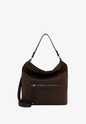 Borsa in tessuto marrone con un design morbido e rilassato. Presenta una tasca frontale con zip e una tracolla resistente per uso a spalla o crossbody.