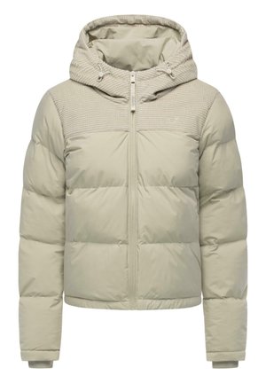 Pakket beige jakke med teksturert hette, glidelås og ribbestrikkede mansjetter. Har en glatt kropp og et horisontalt quiltet mønster på brystet.