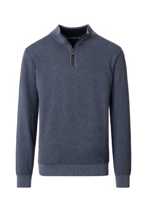 Mørkegrå tekstureret strik pullover med lange ærmer og en kort lynlås foran ved den høje krave.