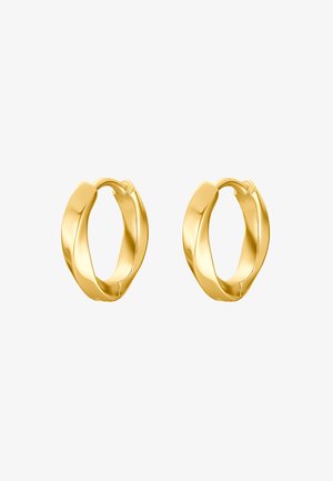 Goldene Creolen mit einem gedrehten Design, das über eine polierte Oberfläche und eine runde Form verfügt. Sichere Verschlussmechanik ist an jedem Stück sichtbar.