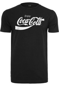 Černé bavlněné tričko s velkým bílým potiskem "Enjoy Coca-Cola" v kurzívě vpředu, kulatým výstřihem a krátkými rukávy.