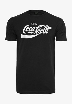 Czarna bawełniana koszulka z dużym białym napisem "Enjoy Coca-Cola" w kursywie na przodzie, okrągłym dekoltem i krótkimi rękawami.