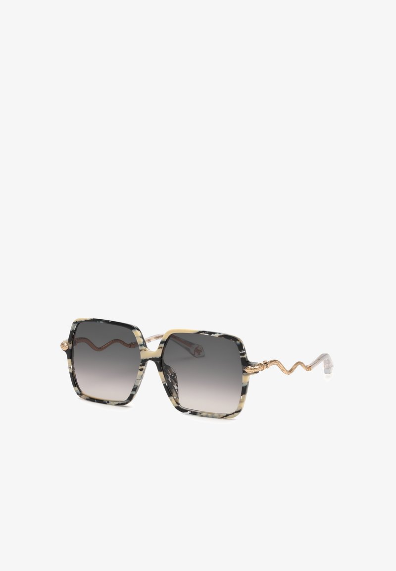 Lunettes de soleil carrées style écaille avec verres foncés dégradés et branches dorées serpentines.
