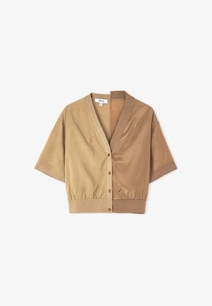 Blusa marrone a maniche corte con scollatura a V, chiusura con bottoni e orlo elasticizzato. Realizzata in un tessuto liscio con una leggera lucentezza.