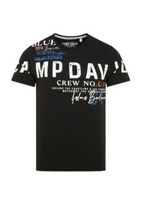 Camiseta de algodón negra de manga corta, con texto y gráficos en blanco y azul, que incluyen "CAMP DAVID" y varias ubicaciones.