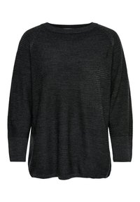 Pull noir à manches longues en tricot avec une subtile texture côtelée horizontale et un col arrondi, coupe ample et poignets côtelés.