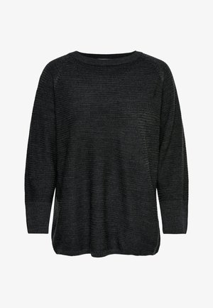 Pull noir à manches longues en tricot avec une subtile texture côtelée horizontale et un col arrondi, coupe ample et poignets côtelés.