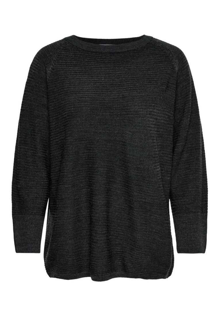 Pull noir à manches longues en tricot avec une subtile texture côtelée horizontale et un col arrondi, coupe ample et poignets côtelés.