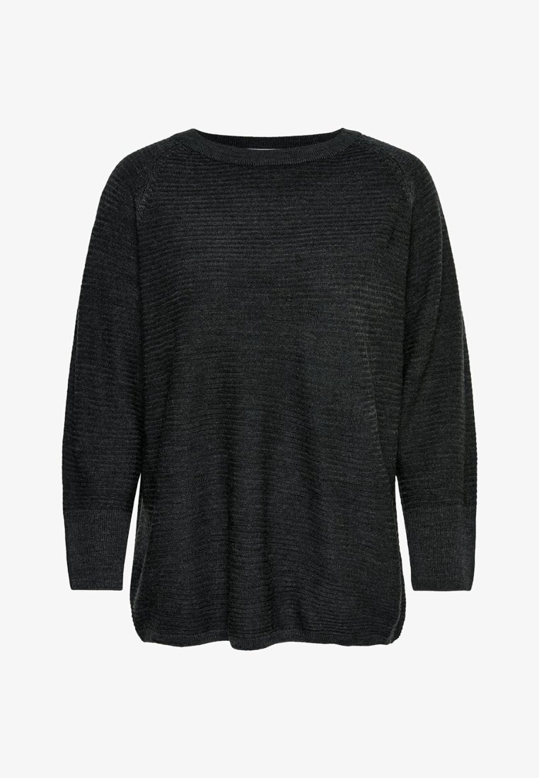 Pull noir à manches longues en tricot avec une subtile texture côtelée horizontale et un col arrondi, coupe ample et poignets côtelés.