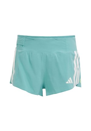 Shorts de sport bleu clair avec un tissu texturé, des rayures blanches sur les côtés et une poche à la taille pour le rangement. Convient pour les activités sportives.