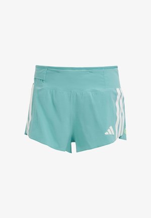 Shorts deportivos de color azul claro con tejido texturizado, franjas laterales blancas y un bolsillo en la cintura para almacenamiento. Adecuados para actividades deportivas.