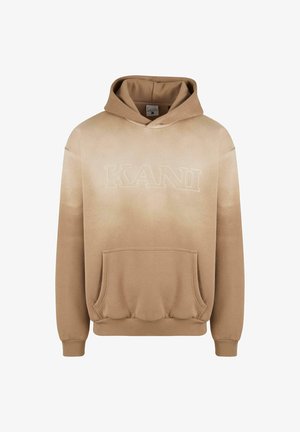 Huppari, jossa on vaaleanruskea väri, nyöriä päätä varten, etupuolella kengurupocket ja "KANI"-brodeeraus valkoisella. Puuvillasekoitekangas, jossa on sileä rakenne.