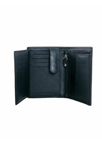 Portafoglio in pelle nera con superficie texturizzata, più scomparti per carte, un compartimento con zip e una chiusura a scatto sicura.