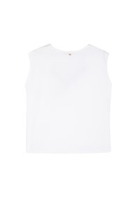 White sleeveless top with a round neckline, featuring a small brand logo on the back and a smooth, soft fabric texture.