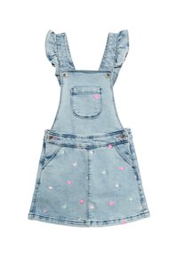 Jeanssalopette met gerimpelde banden, lichtblauw, met bloemen- en hartdetails in roze en groen, en voorzakken.