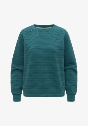 Morska zielona bluza z długim rękawem i okrągłym dekoltem, z teksturowanym poziomym wzorem fal i prążkowanymi mankietami, prezentowana na białym tle.