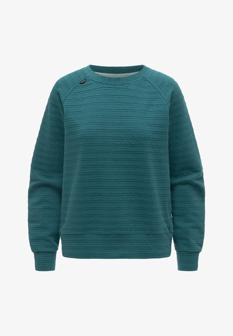 Felpa a maniche lunghe color verde petrolio con scollo rotondo, motivo a onde orizzontali testurizzate e polsini a coste, mostrata su sfondo bianco.