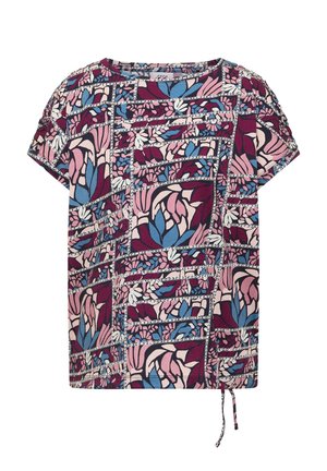 Kurzarmbluse mit mehrfarbigem, abstraktem Blumenmuster in Lila, Pink, Blau und Weiß, verziert mit kettenartigen Rasterlinien und einem vorderen Tunnelzug am Saum.
