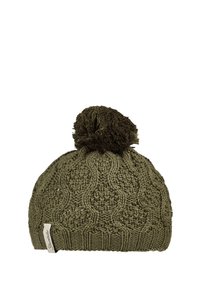 Olive green knitted winter hat with cable pattern and large pom-pom on top, featuring a small white fabric brand label.